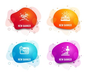 liquid badges. set of startup concept, quick tips and typewriter icons. stats sign. launch project, 