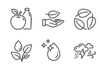 Leaves, Plants Watering And Apple Icons Simple Set. Leaf, Water Drop And Bad Weather Signs. Nature Leaf, Water Drop. Nature Set. Line Leaves Icon. Editable Stroke. Vector
