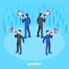 Isometric vector image on a blue background, men in business suits are standing with loudspeakers in the center of a circle and silhouettes of people in the background.