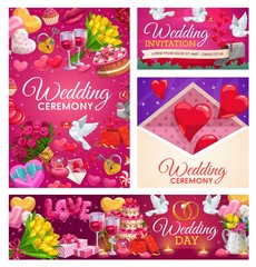 Wall Mural - Wedding rings, cake and gifts, hearts and envelope