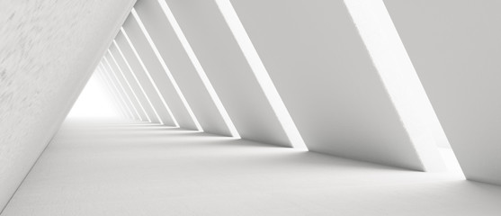 empty long light corridor. modern white background. futuristic sci-fi triangle tunnel. 3d rendering