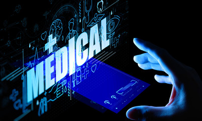 Wall Mural - Medicine doctor hand with stethoscope working with smart phone on virtual screen interface as Modern medical technology and innovation concept