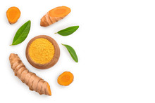 Turmeric Powder And Turmeric Root Isolated On White Background With Copy Space For Your Text. Top View. Flat Lay