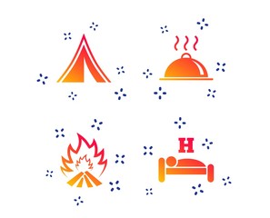 Wall Mural - Hot food, sleep, camping tent and fire icons. Hotel or bed and breakfast. Road signs. Random dynamic shapes. Gradient food icon. Vector