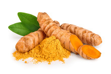 Turmeric Root And Powder Isolated On White Background Close Up