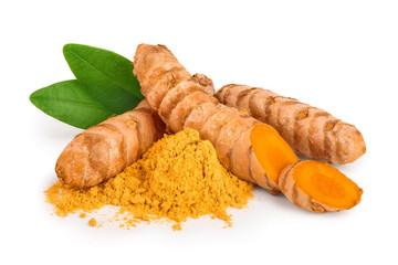 Wall Mural - turmeric root and powder isolated on white background close up