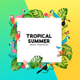 Fototapeta Dinusie - Summer tropical border design with palm leaves, jungle birds and flowers. Vector illustration