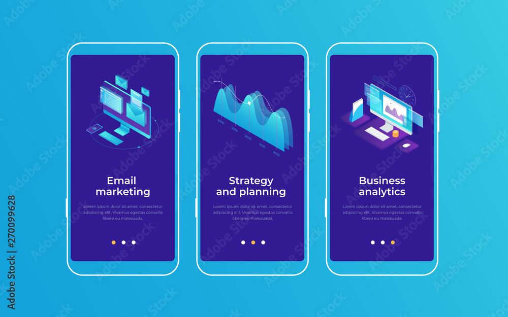 Set of onboarding screens for mobile apps. Banners with monitors screen and graph demonstrating email marketing, business planning and analytics. Mobile UI UX app interface template. - obrazy, fototapety, plakaty 