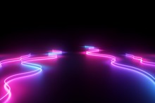 3d Render, Abstract Background, Pink Blue Neon Light, Glowing Dynamic Wavy Lines On The Floor, Ultraviolet Spectrum