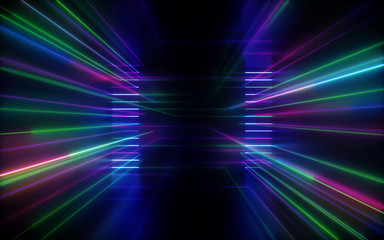 3d render, abstract background, pink blue green neon lines, virtual space, speed concept