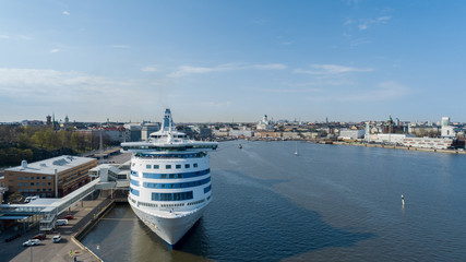 Wall Mural - Panorama of cruise liner and Embankment In Helsinki At Summer day. Finland. Cityscape View From Sea