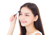 © N_studio - Beautiful portrait young asian woman applying eyebrow or eyelash with makeup brush isolated on white background, beauty asia girl prefect with cosmetic concept.