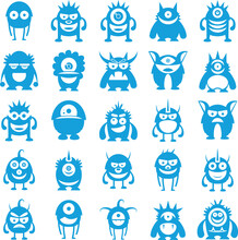 Blue Monster Character Icons, Cartoon Set