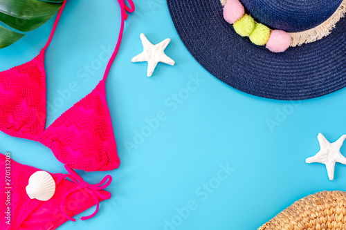 Summer Blue Banner With Navy Blue Hat Pink Bikini Sunglasses And