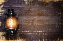 Oil Lamp At Night On A Wooden Wall - Old Lantern Vintage Classic Black