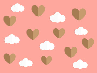 Wall Mural - Brown heart float in the air near white cute cloud look so sweet romance on pastel pink color background. Paper cut art vector in love theme for Valentine day card or wallpaper. Sweet background.