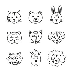 Set of cute doodle animal faces in scandinavian style isolated on white background.