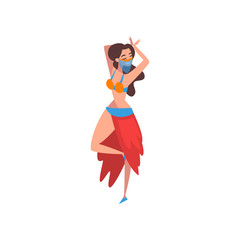 Wall Mural - Beautiful Graceful Girl Dancing Belly Dance, Oriental Indian or Arabic Dancer Character in Traditional Costume and Veil Vector Illustration