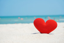 Red Heart Shape On Beach Sand , Love The Sea