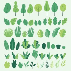 vector set of flat illustrations of plants, trees, leaves, branches, bushes and pots