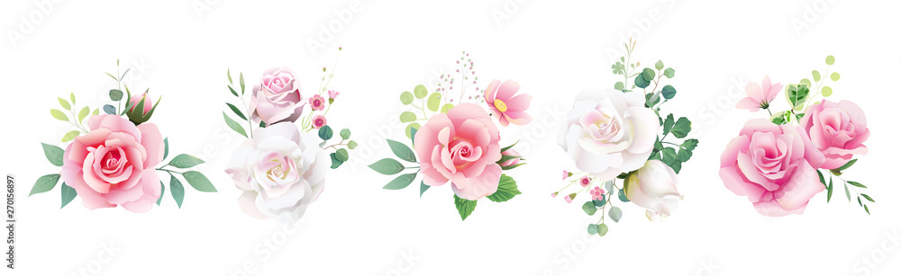 Floral romantic bouquets for wedding invite or greeting card. White pink peach Rose and Anemone flower, Greenery leaves. element set. - obrazy, fototapety, plakaty 