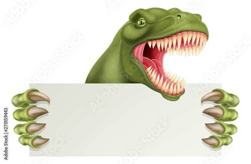A scary dinosaur T Rex cartoon character holding a sign with space for your copy Wallpaper Mural