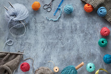 Various Wool Yarn And Knitting Needles, Creative Knitting Hobby Background With Copy-space