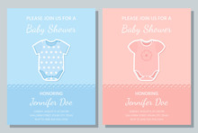 Baby Boy, Girl Card. Vector Baby Shower Invite. Welcome Template Invitation Banner. Cute Blue, Pink Design. Birth Party Background. Happy Greeting Holiday Poster With Onesie. Cartoon Flat Illustration