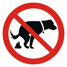 Dog And Excrement, No Dog Pooping Sign. Information Red Circular Sign For Dog Owners. Shitting Is Not Allowed. Vector Illustration. 