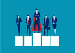 © TA design - Superhero businessman standing on a platform for leadership on blue background, simple flat cartoon style.  illustration