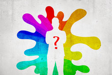 White Human Silhouette With Red Question Mark And Rainbow Colorful Splash On White Wall Background