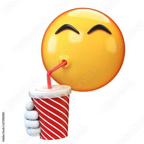 Emoji drinking soda isolated on white background, emoticon holding soft