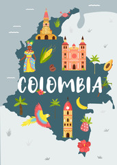 Wall Mural - Bright illustrated map of Colombia. Travel banner