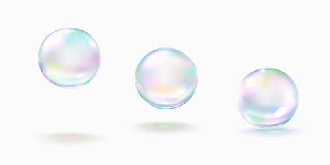 Poster - Realistic soap bubble with rainbow colors isolated on white background. Vector water foam elements set. Colorful iridescent glass ball or sphere template.