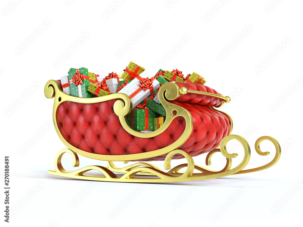 Christmas Santa sleigh full of gift boxes - red and golden sledge with ...