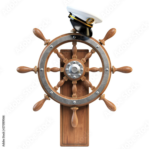 Fotomural Captain hat on ship wheel isolated on white background 3d rendering