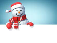 Snowman Behind Blank White Poster, Copy Space Greeting Card Template, 3d Rendering
