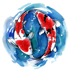 watercolor two red koi fish