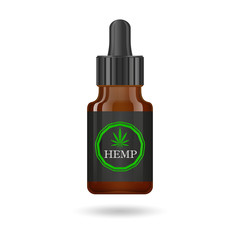 Wall Mural - Realistic brown glass bottle with hemp oil. Mock up of cannabis oil extracts in jars. Medical Marijuana logo on the label. Vector illustration.