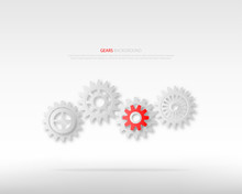 Power Of Leadership Or Teamwork Concepts. Gray Gears Wheels And One Red Gear On White Background.