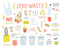 Zero Waste Cute Vector Illustrations. Eco Lifestyle Icons And Elements. No Plastic And Go Green Concept