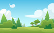 © yutthaphan - Cartoon background for game and animation. Green forest with blue sky and clouds. Landscape.