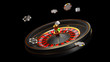 Casino background. Luxury Casino roulette wheel isolated on black background. Casino theme. Close-up white casino roulette with a ball, chips and dice. Poker game table. 3d rendering illustration.