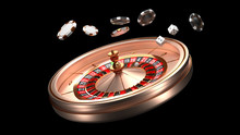 Casino Background. Luxury Casino Roulette Wheel Isolated On Black Background. Casino Theme. Close-up White Casino Roulette With A Ball, Chips And Dice. Poker Game Table. 3d Rendering Illustration.