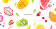 Creative layout made of dragonfruit, melon, watermelon, cherry, kiwi, strawberry, mango on the watercolor background. Flat lay. Food concept.