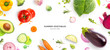 canvas print picture - Creative layout made of tomato, cucumber, pepper, onion, carrot, beetroot, eggplant, cabbage, garlic, broccoli and green beans on the watercolor background. Flat lay. Food concept.