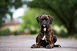 german boxer dog lying down on the road