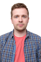ID Picture Of A Guy In A Checked Shirt And Pink T-shirt