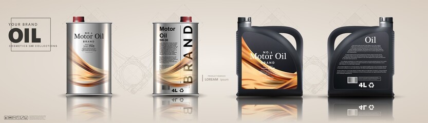 Bottle engine oil on a background a motor-car piston, Technical illustrations. Realistic 3D vector image. canister ads template with brand logo Blueprints. Mechanical engineering drawings.