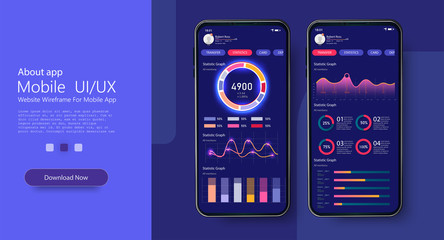 Wall Mural - Mobile app infographic template with modern design. Set of different UI, UX, GUI screens and web icons for mobile apps and responsive website. Mobile applications with charts, statistic. Vector